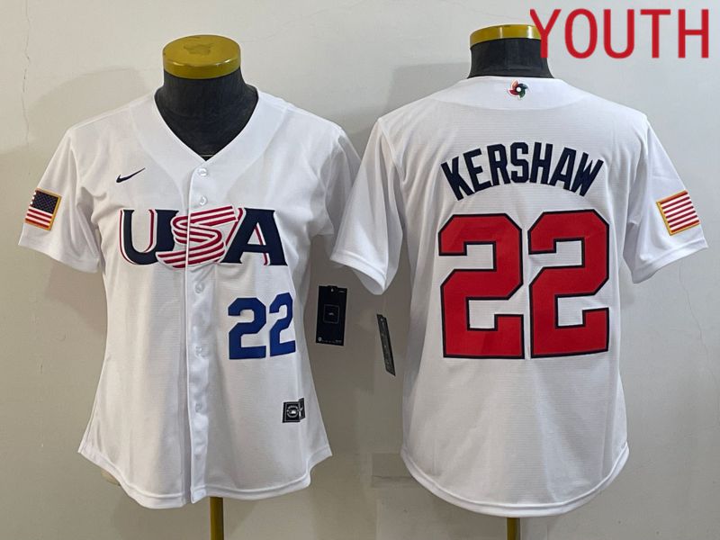 Youth 2023 World Cub USA #22 Kershaw White MLB Jersey4